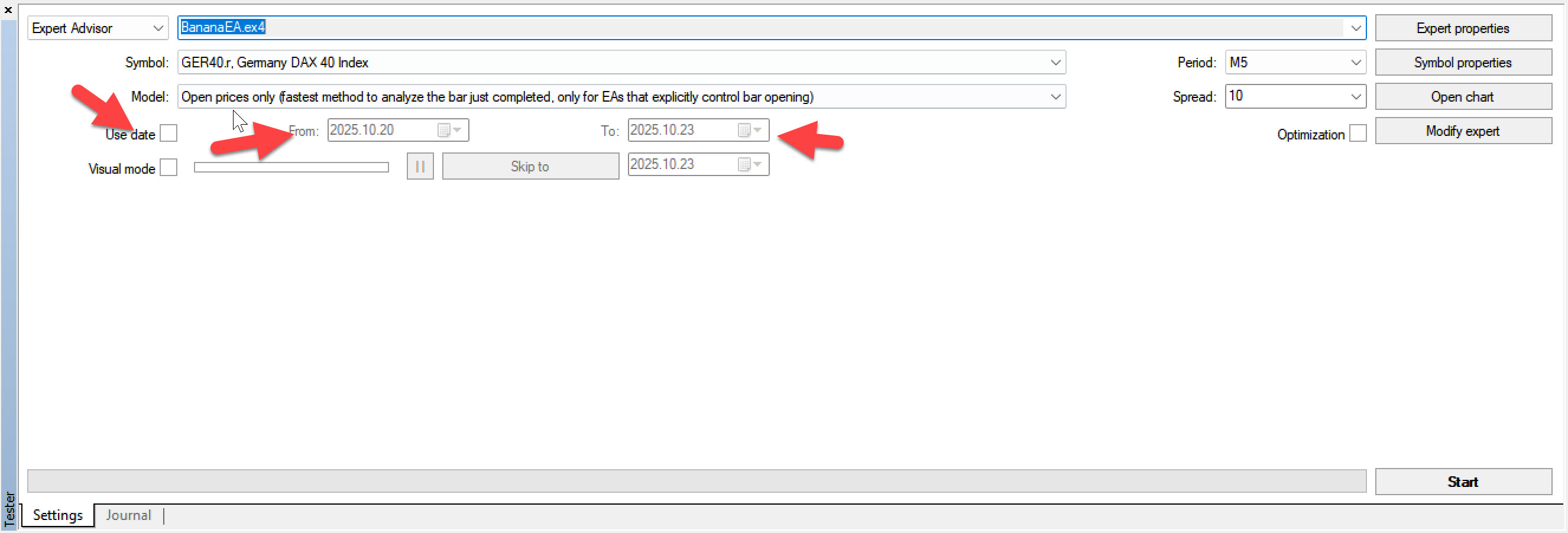 Strategy Tester Date Range Settings