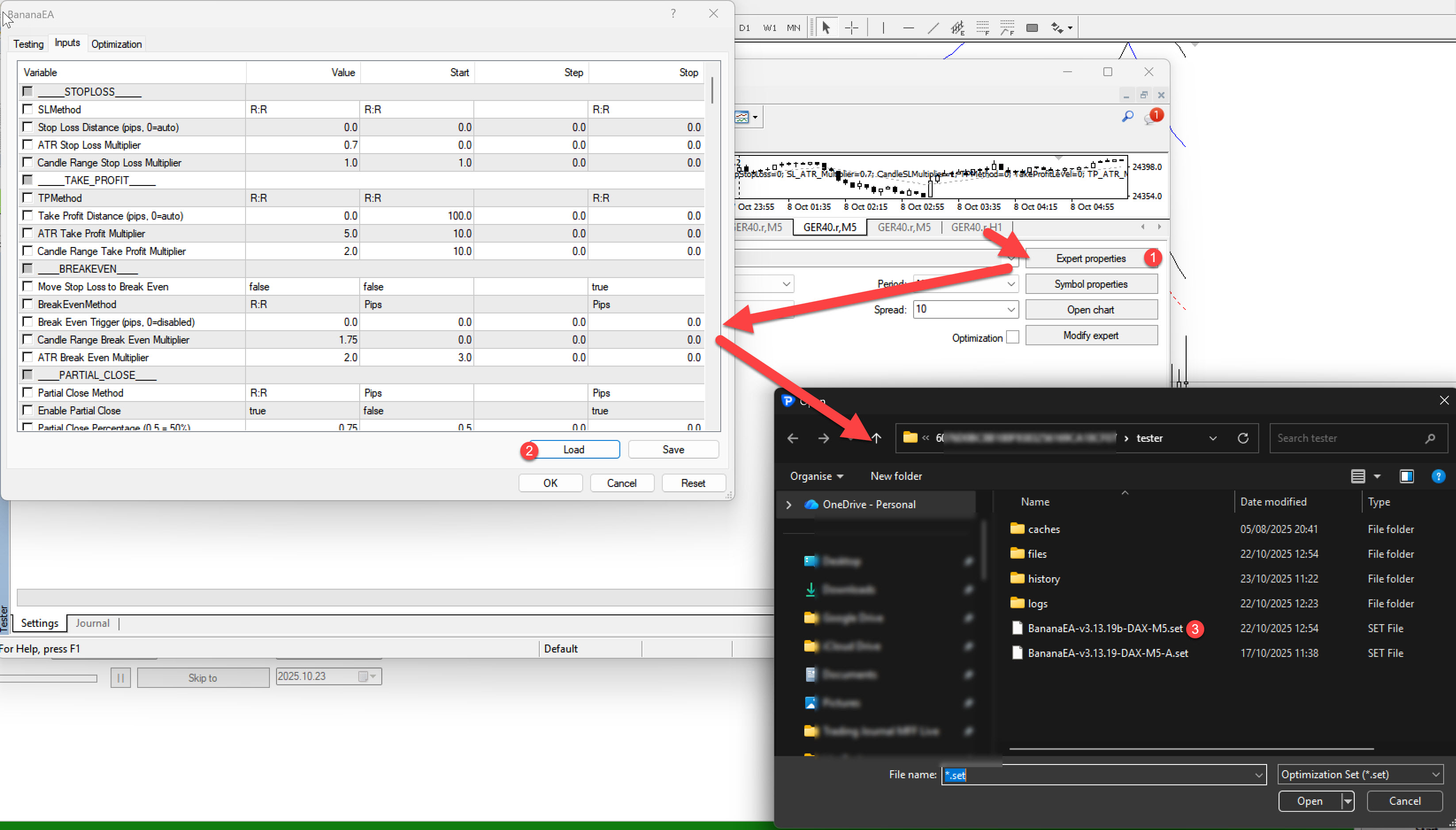 Example EA parameter configuration in Strategy Tester
